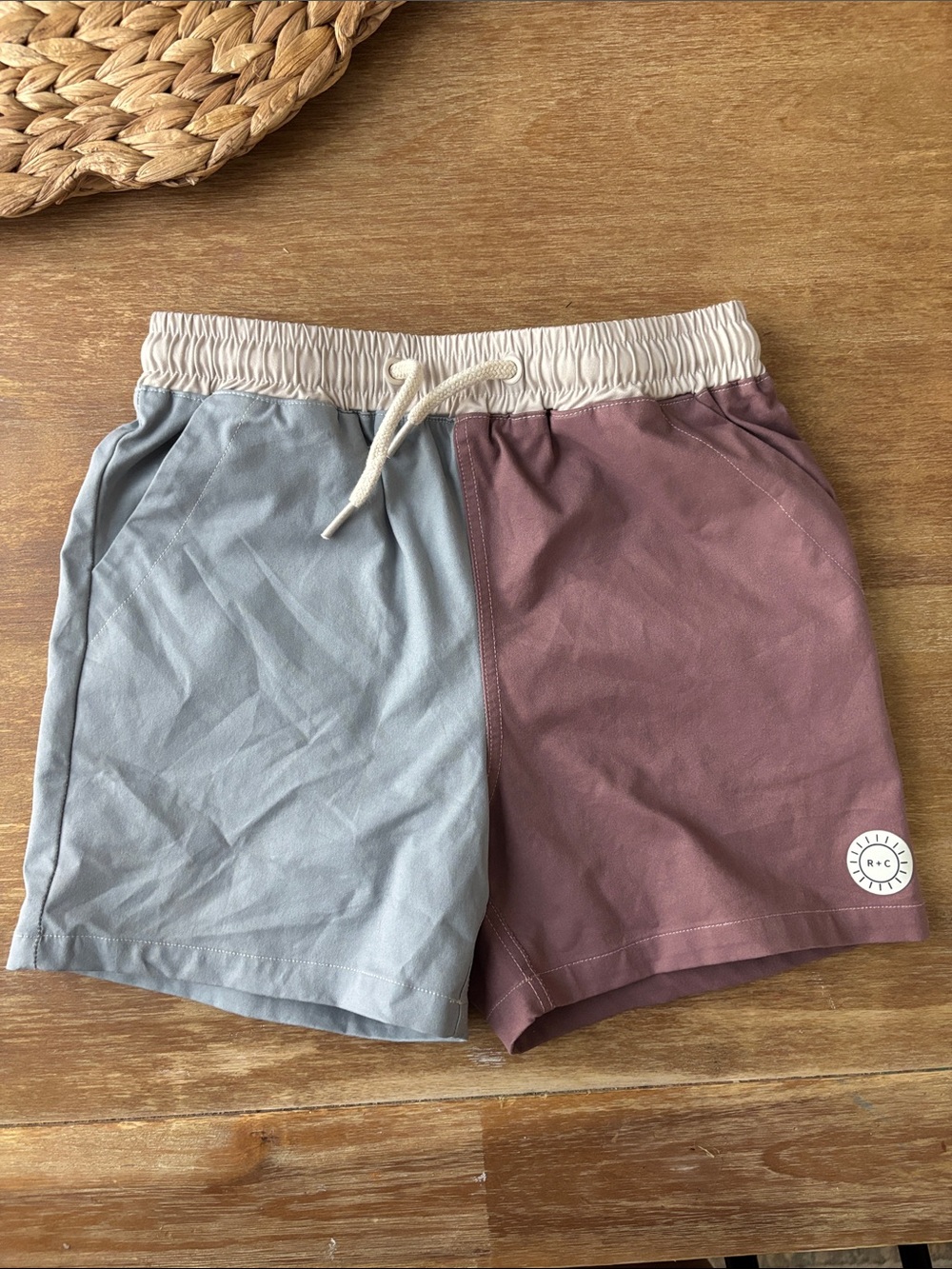 Colorblock Drawstring Swim Shorts - Blue & Mauve